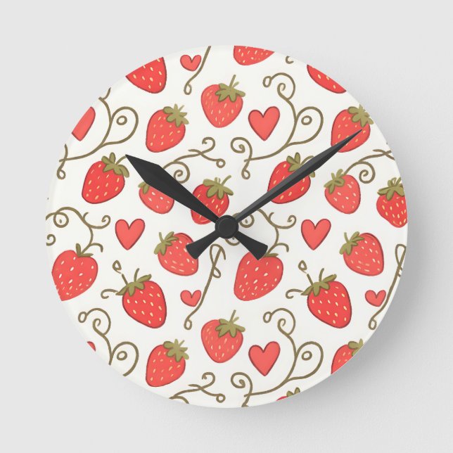 Strawberry Heart Pattern Cute Whimsical Round Clock (Front)