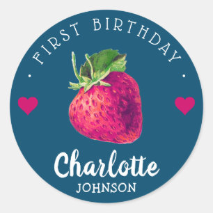 Strawberry Hearts Birthday Girl Blue Green Classic Round Sticker