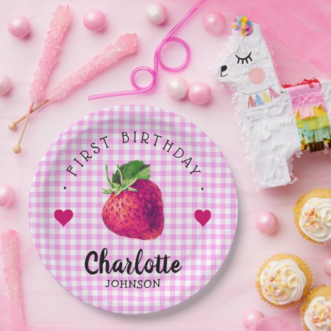 Strawberry Hearts Birthday Girl Pink Chequered Paper Plate (Party)