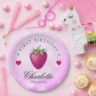 Strawberry Hearts Birthday Girl Pink Paper Plate