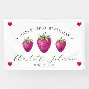Strawberry Hearts Birthday Girl White Banner