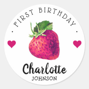 Strawberry Hearts Birthday Girl White Classic Round Sticker
