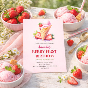 Strawberry ice cream 1st birthday berry first invitation