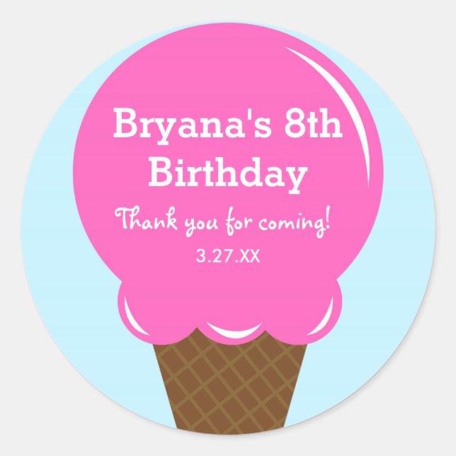 Strawberry Ice Cream Birthday Party Favour Sticker (Front)