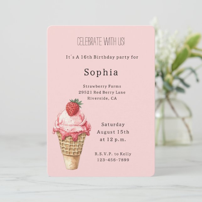 Strawberry Ice Cream Cone Birthday Invitation (Standing Front)