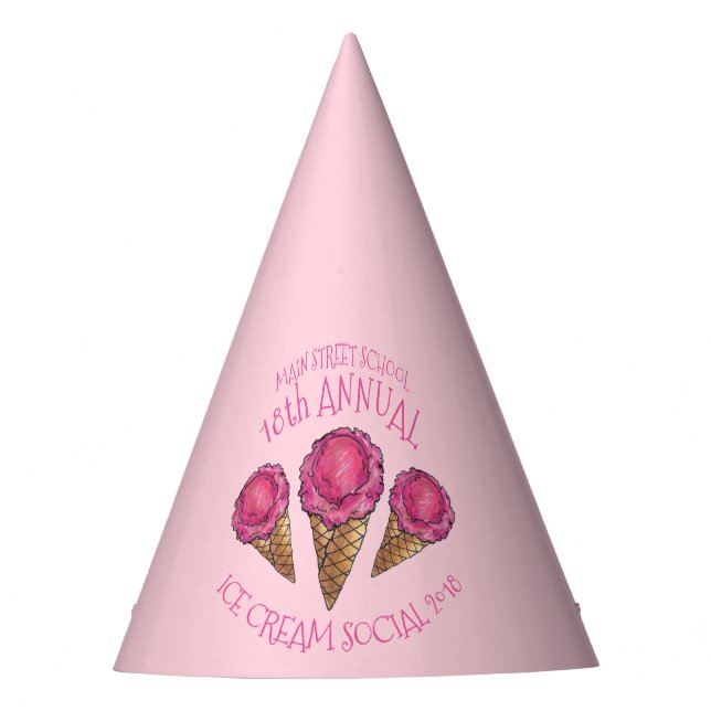 Strawberry Ice Cream Cone Icecream Social Scoop Party Hat (Front)
