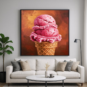 Strawberry Ice Cream Cone - Painterly Style Art Poster