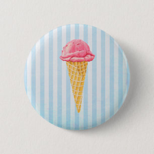 Strawberry Ice Cream Cone With Blue Stripes 6 Cm Round Badge