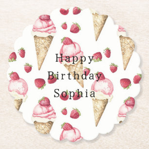 Strawberry Ice Cream Cones Birthday Paper Coaster