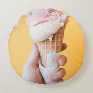 Strawberry ice cream on cone round cushion