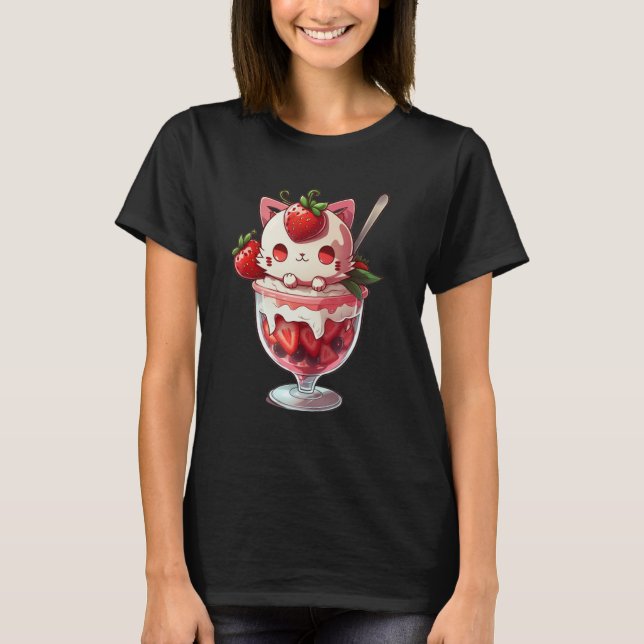 Strawberry Ice Cream Sundae Kitten Gelato Berry Ca T-Shirt (Front)