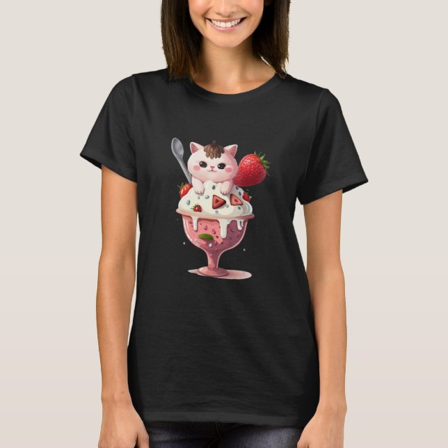 Strawberry Ice Cream Sundae Kitten Gelato Berry Ca T-Shirt (Front)