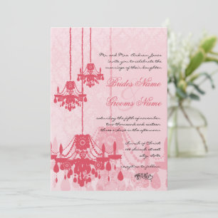 Strawberry Ice Pink Chandelier Damask Wedding Invitation