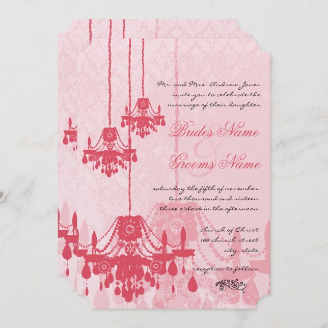 Strawberry Ice Pink Chandelier Damask Wedding Invitation (Front/Back)