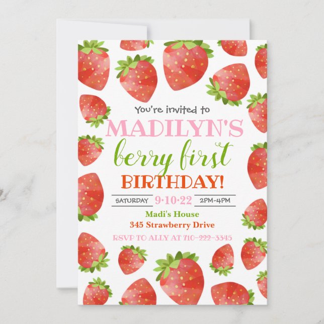 Strawberry Invitation Berry Birthday Invite (Front)