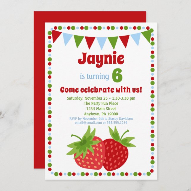Strawberry Invitation Girls Birthday Party (Front/Back)