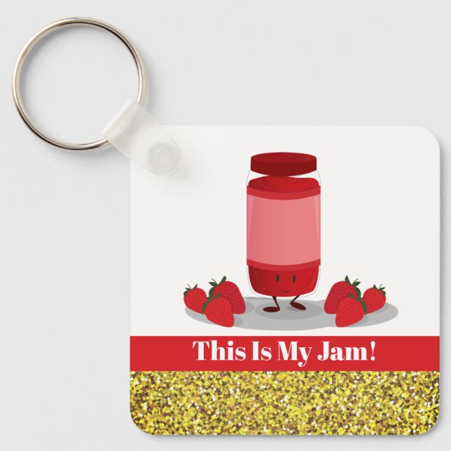 Strawberry Jam Glitter Food Pun Key Ring (Front)