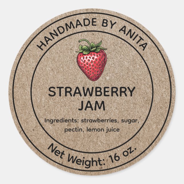 Strawberry Jam Jelly Jar Label Kraft Paper Style (Front)