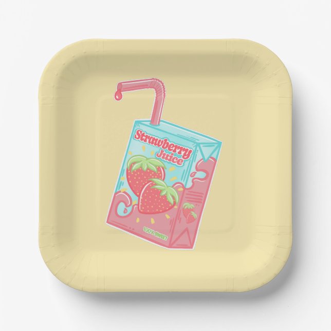 Strawberry Juice Box Birthday Party Yellow Paper Plate (Front)