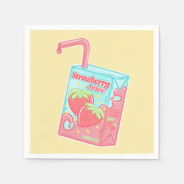 Strawberry Juice Box Yellow Birthday Party Napkin (Front)