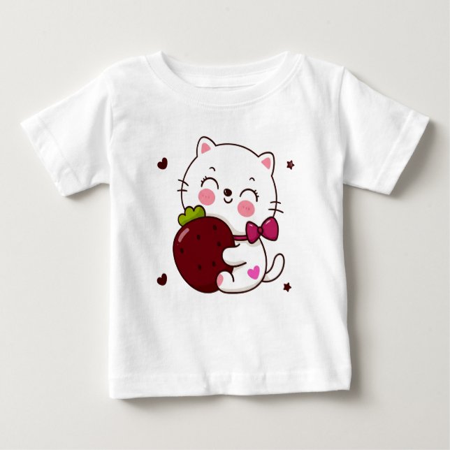 Strawberry Kitty Love Baby Fine Jersey T-Shirt 🍓 (Front)