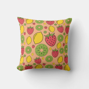 Strawberry, lemon and kiwi fruits wallpaper backgr cushion