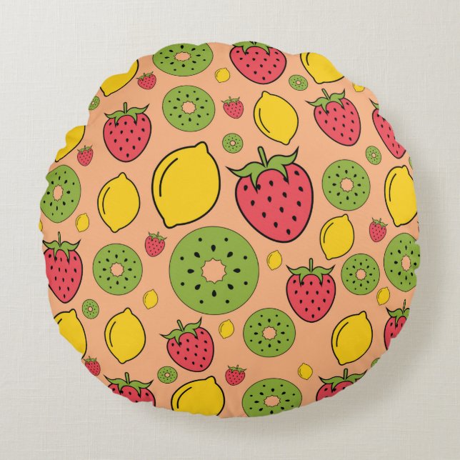Strawberry, lemon and kiwi fruits wallpaper backgr round cushion (Front)