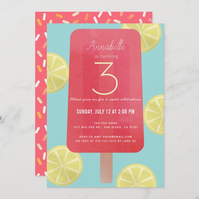 Strawberry Lemonade Popsicle Girl Birthday Invitation (Front/Back)