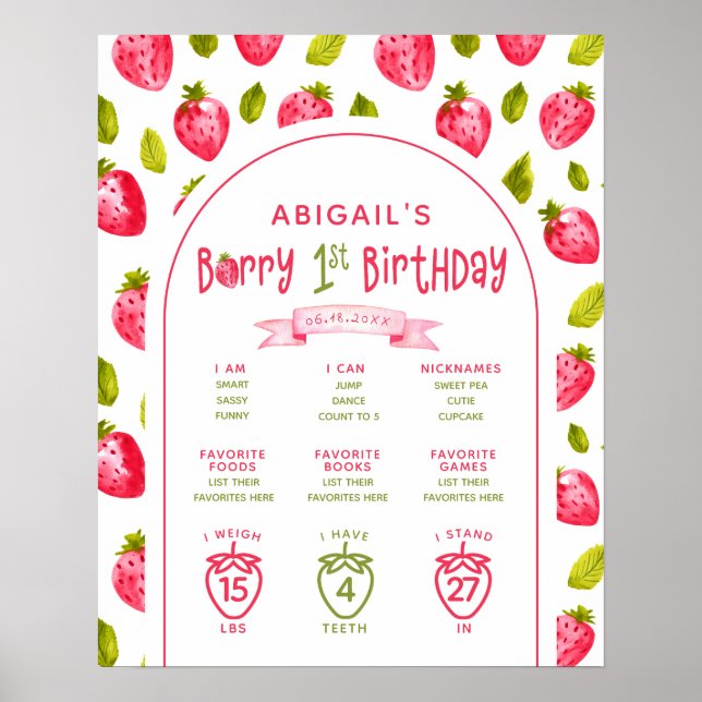 Strawberry Milestones Berry First Birthday Poster (Front)
