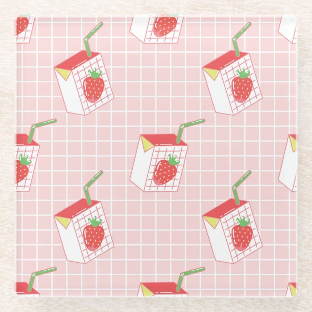 Strawberry Milk Cartoons: Playful Patterns Glass Coaster (Front)