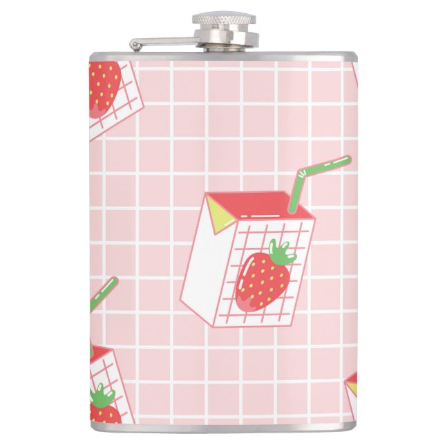Strawberry Milk Cartoons: Playful Patterns Hip Flask (Front)