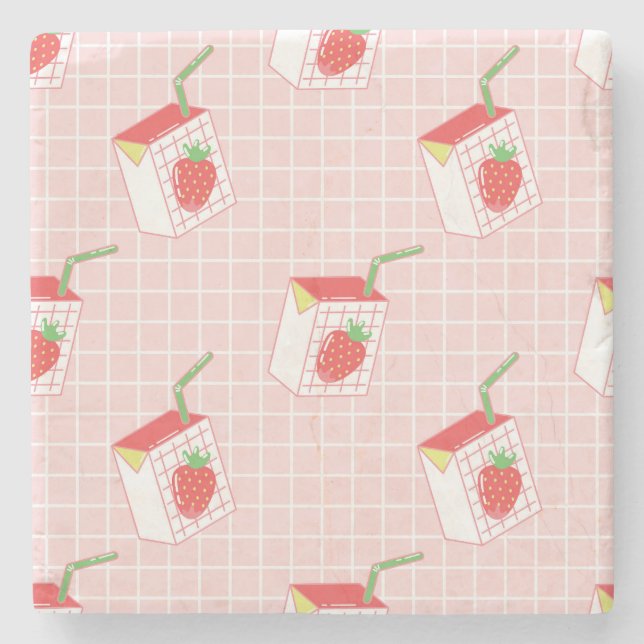 Strawberry Milk Cartoons: Playful Patterns Stone Coaster (Front)