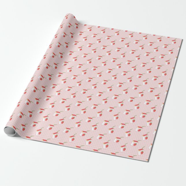Strawberry Milk Cartoons: Playful Patterns Wrapping Paper (Unrolled)