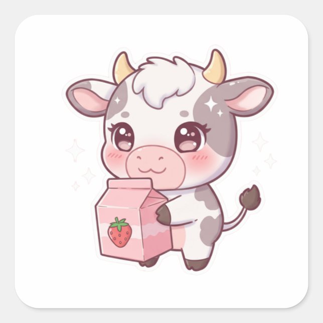 Strawberry Milk Cow – Kawaii Vibes Only! Square Sticker (Front)