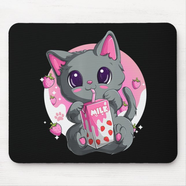 Strawberry Milk  For Women Girls Kawaii Anime Cat  Mouse Pad (Front)
