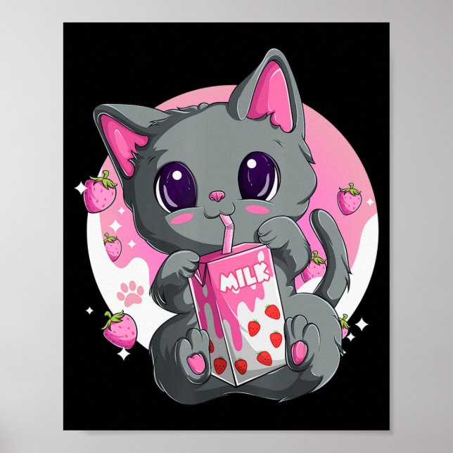 Strawberry Milk  For Women Girls Kawaii Anime Cat  Poster (Front)