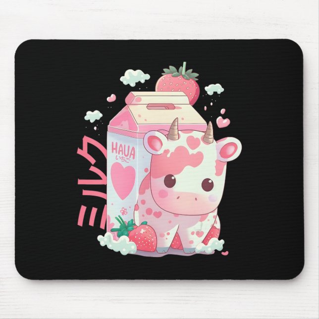 Strawberry Milk Milkshake Cow Carton Cute Kawaii J Mouse Pad (Front)