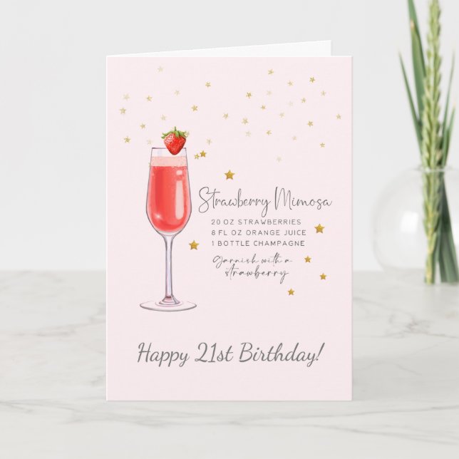 Strawberry Mimosa Cocktail Happy Birthday Card (Front)