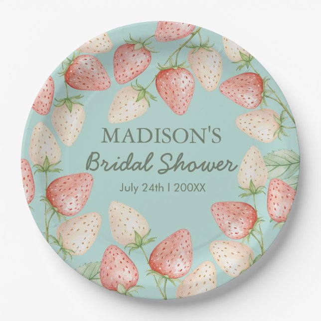 Strawberry Mint Green Garden Bridal Shower Paper Plate (Front)