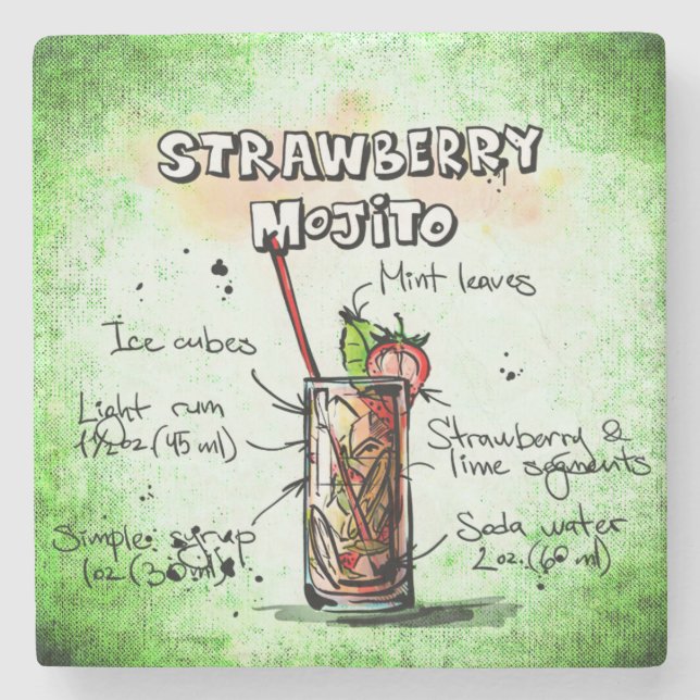 Strawberry Mojito Drink Recipe Stone Coaster (Front)