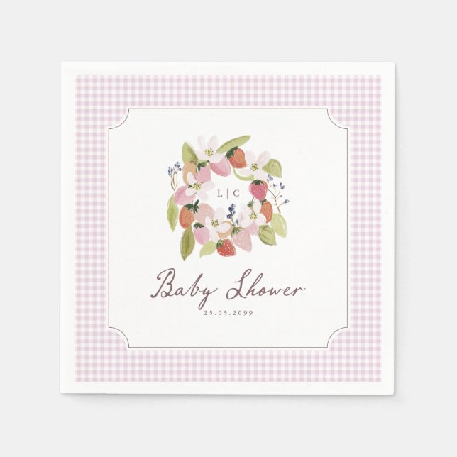Strawberry Monogram Pink Gingham Baby Shower Napkin (Front)