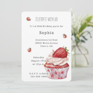 Strawberry Muffin Cake Ladybugs Birthday Invitation