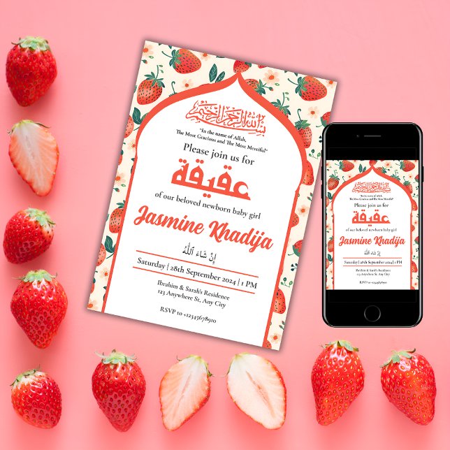 Strawberry Muslim Baby Girl Aqiqah Islamic Invitation (Creator Uploaded)