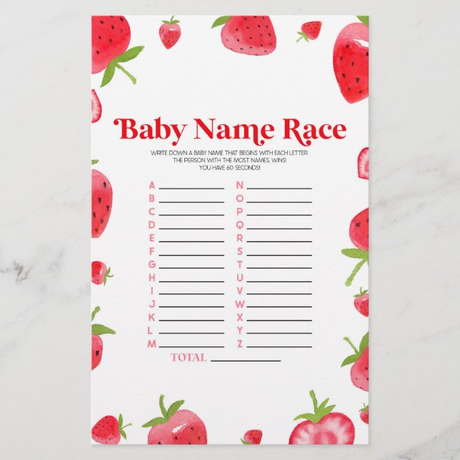 Strawberry Name Race Baby Shower Game Activity Stationery (Front)