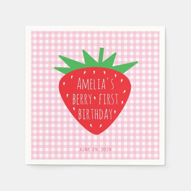 Strawberry on Pink Plaid Girl Berry First Birthday Napkin (Front)