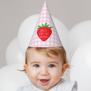 Strawberry on Pink Plaid Girl Berry First Birthday Party Hat