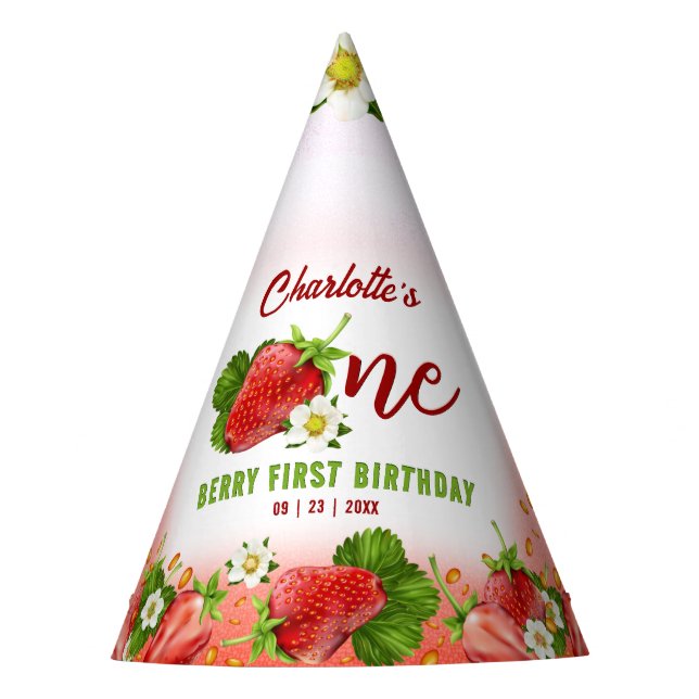 Strawberry ONE First Birthday Party Hat (Front)