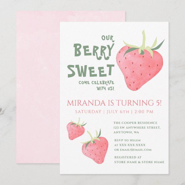 Strawberry OUR BERRY SWEET Birthday Party Invitation (Front/Back)