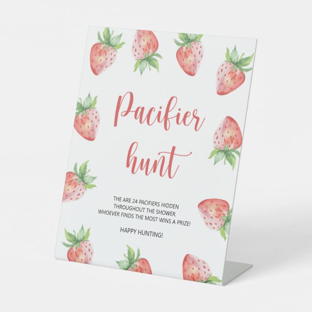 Strawberry - pacifier hunt baby shower game pedestal sign (Front)