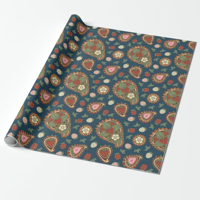 Strawberry Paisley Pattern Wrapping Paper (Unrolled)